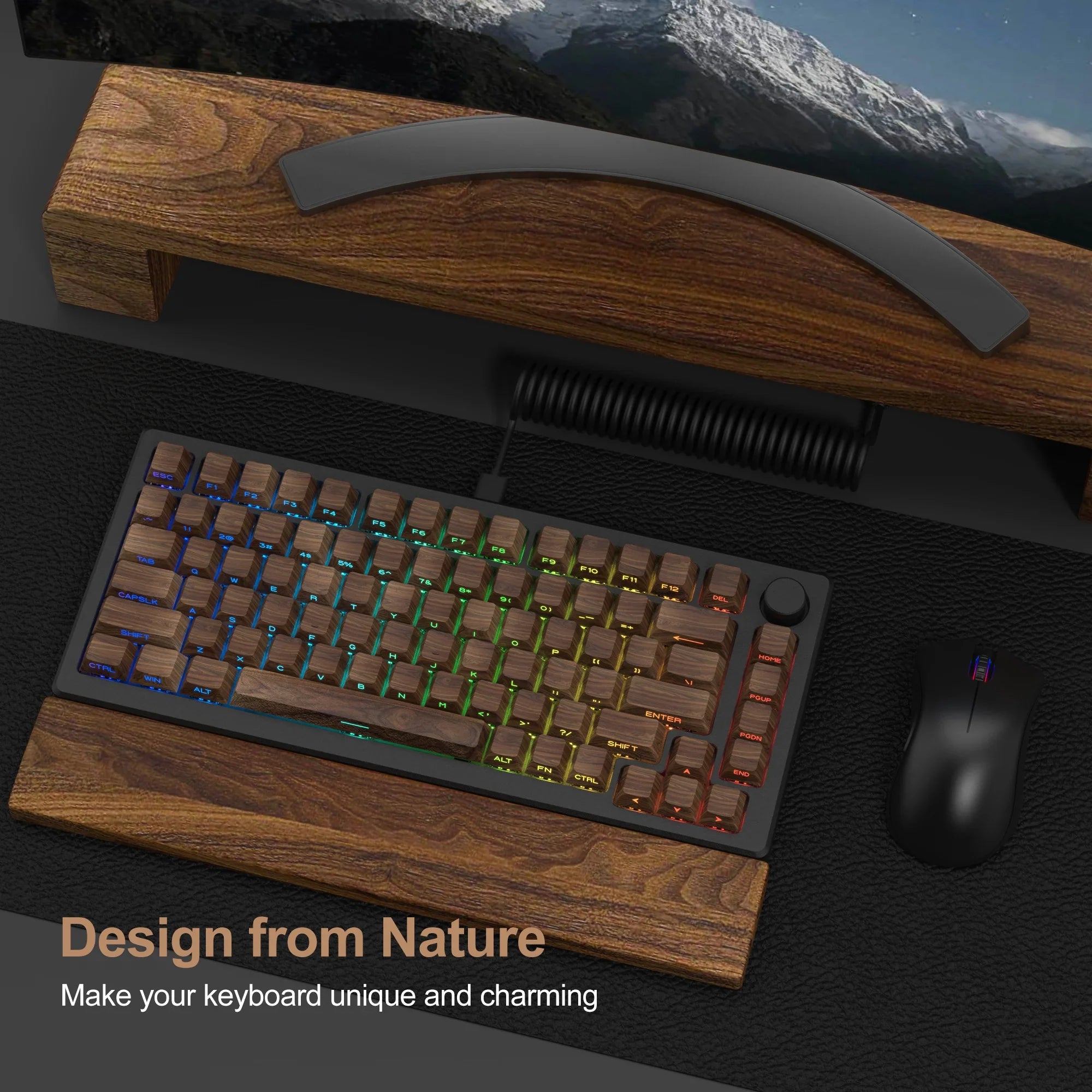 Capuchons de touches en PBT, 136 touches, motif en bois imprimé sur le côté, rétroéclairé sur 5 côtés, profil Cherry rvb, pour clavier mécanique Cherry MX Gamer